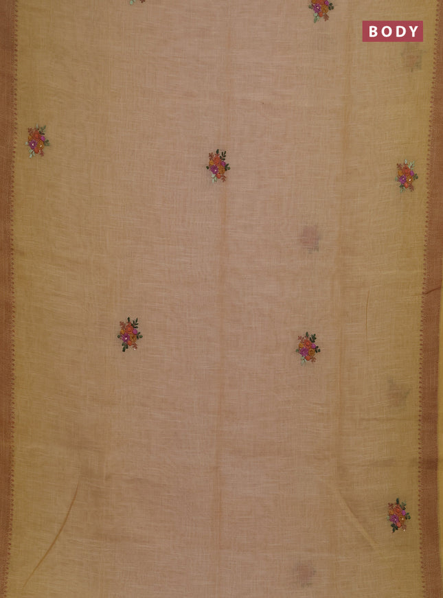 Linen saree mustard yellow with embroidery buttas and embroidery pallu