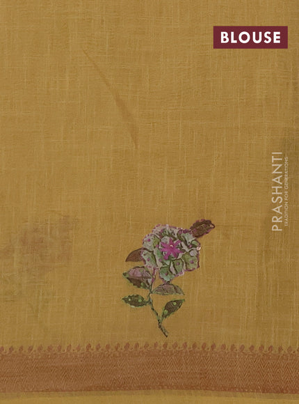 Linen saree mustard yellow with embroidery buttas and embroidery pallu