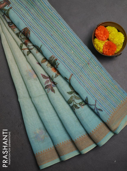 Linen saree teal blue with embroidery buttas and embroidery pallu