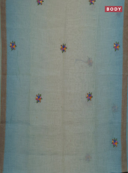 Linen saree teal blue with embroidery buttas and embroidery pallu