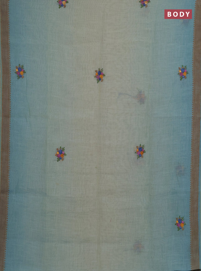 Linen saree teal blue with embroidery buttas and embroidery pallu
