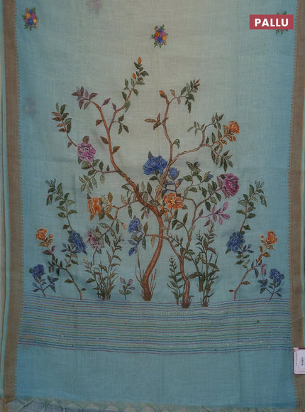 Linen saree teal blue with embroidery buttas and embroidery pallu