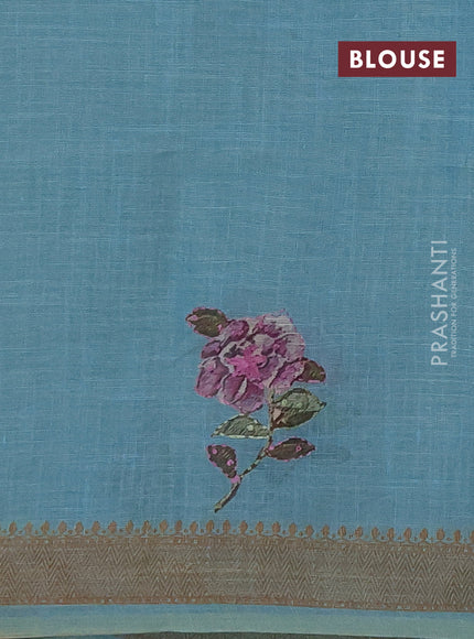 Linen saree teal blue with embroidery buttas and embroidery pallu