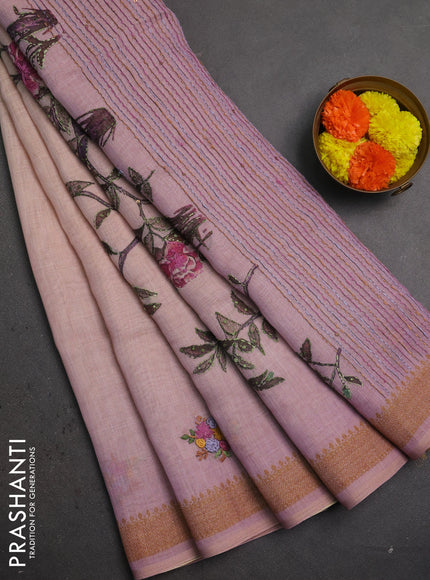 Linen saree pastel pink with embroidery buttas and embroidery pallu
