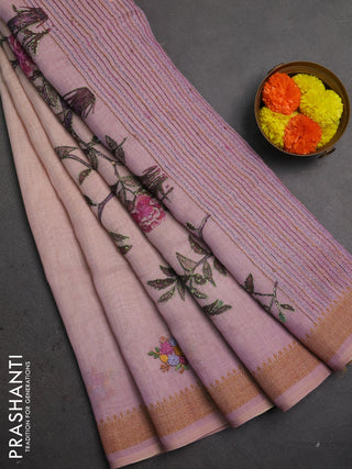 Linen saree pastel pink with embroidery buttas and embroidery pallu