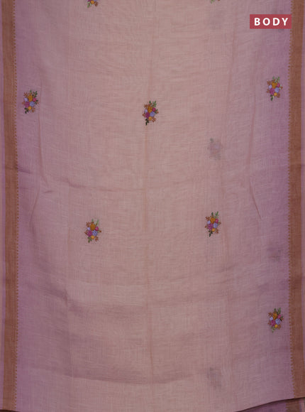 Linen saree pastel pink with embroidery buttas and embroidery pallu