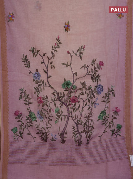 Linen saree pastel pink with embroidery buttas and embroidery pallu
