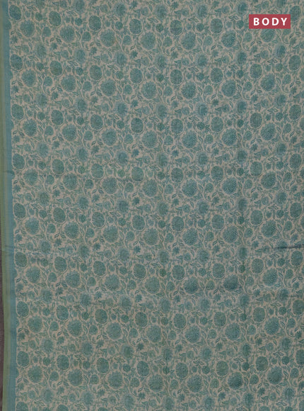 Linen saree beige and teal blue with allover floral prints and embroidery pallu