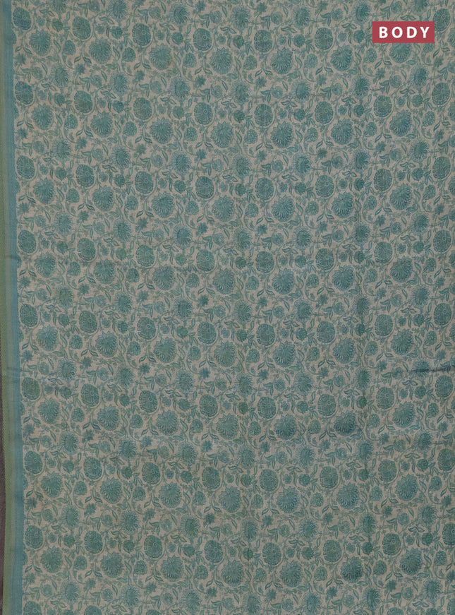 Linen saree beige and teal blue with allover floral prints and embroidery pallu