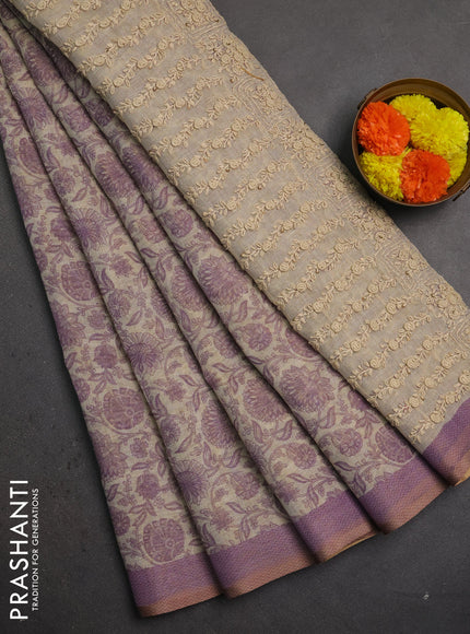 Linen saree beige and lavender with allover floral prints and embroidery pallu