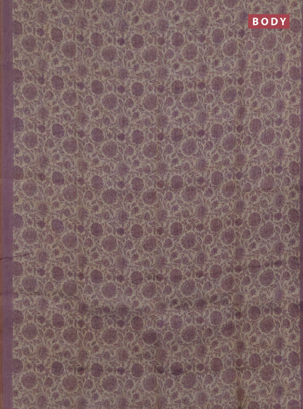 Linen saree beige and lavender with allover floral prints and embroidery pallu