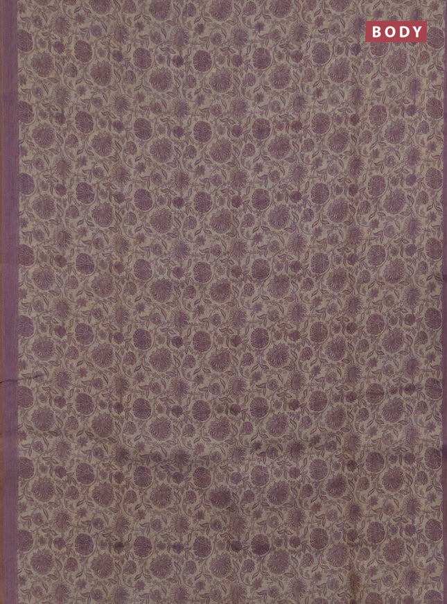 Linen saree beige and lavender with allover floral prints and embroidery pallu