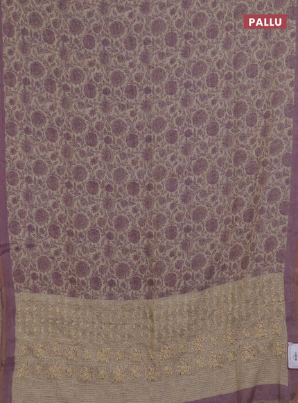 Linen saree beige and lavender with allover floral prints and embroidery pallu