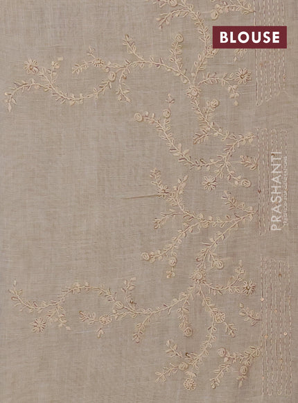 Linen saree beige and lavender with allover floral prints and embroidery pallu
