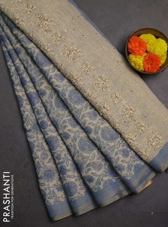 Linen saree beige and bluish grey with allover floral prints and embroidery pallu
