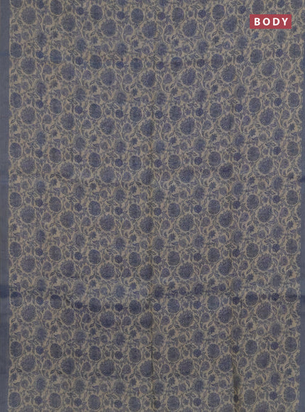 Linen saree beige and bluish grey with allover floral prints and embroidery pallu
