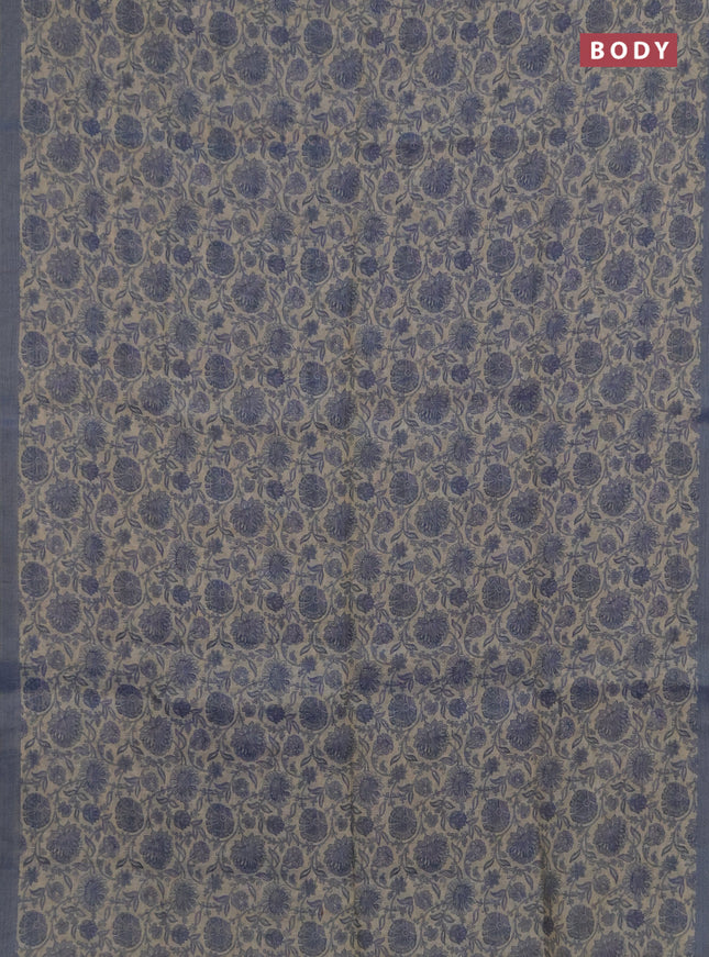 Linen saree beige and bluish grey with allover floral prints and embroidery pallu