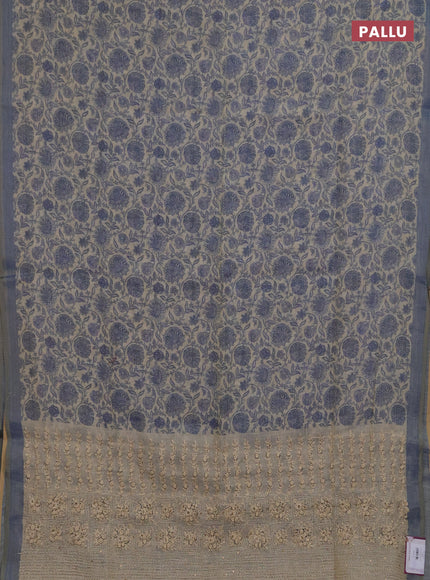 Linen saree beige and bluish grey with allover floral prints and embroidery pallu