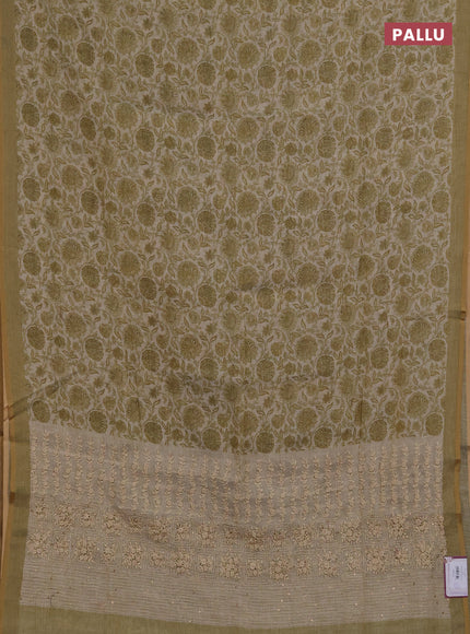 Linen saree beige and mehendi green with allover floral prints and embroidery pallu