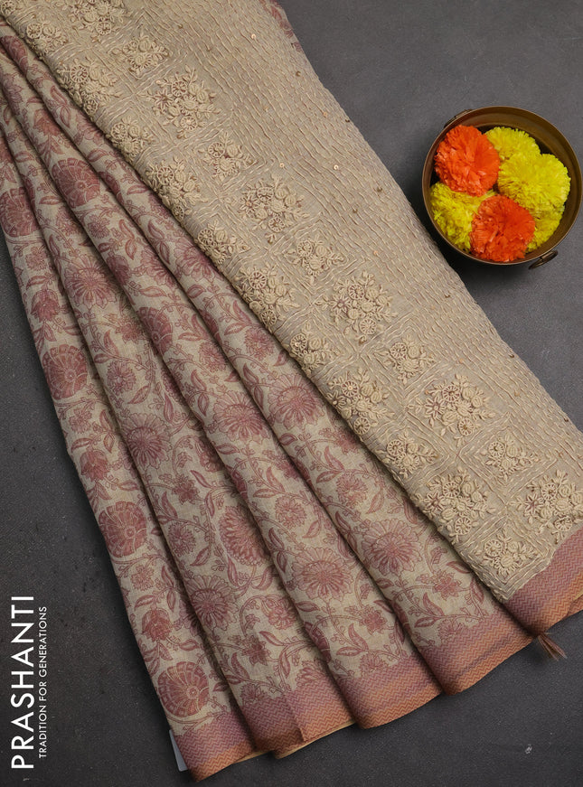 Linen saree beige and pastel pink with allover floral prints and embroidery pallu