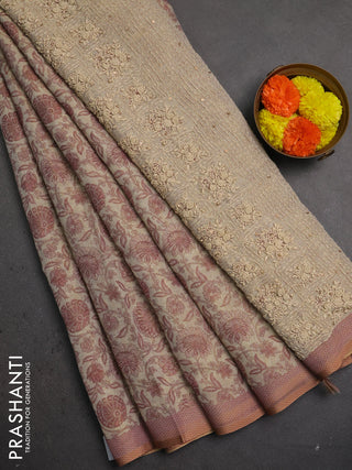 Linen saree beige and pastel pink with allover floral prints and embroidery pallu