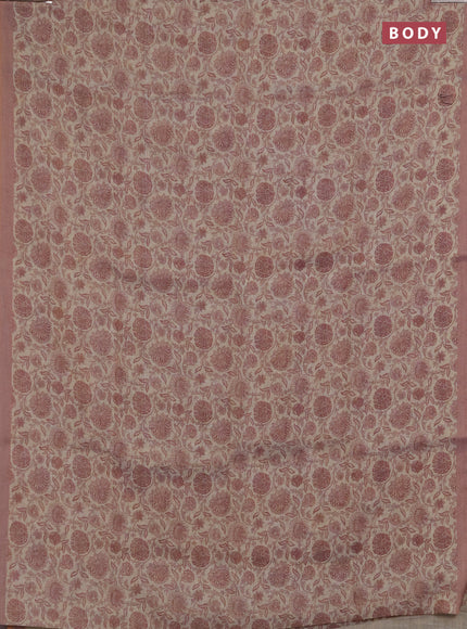 Linen saree beige and pastel pink with allover floral prints and embroidery pallu