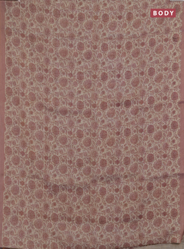 Linen saree beige and pastel pink with allover floral prints and embroidery pallu