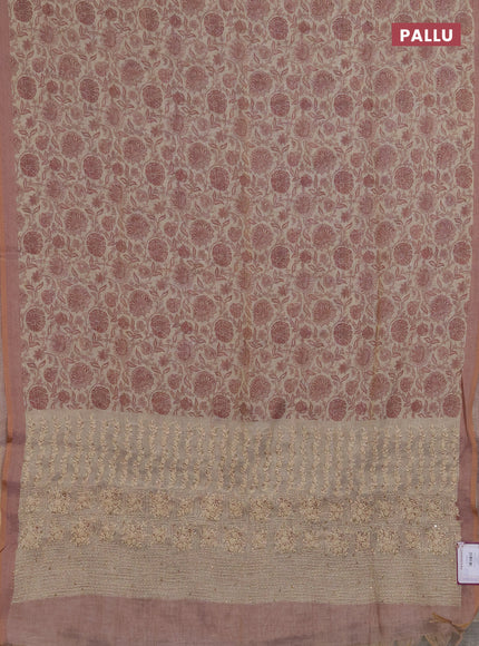 Linen saree beige and pastel pink with allover floral prints and embroidery pallu