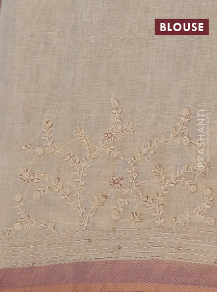 Linen saree beige and pastel pink with allover floral prints and embroidery pallu