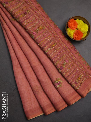 Linen saree dark peach with embroidery buttas and embroidery pallu