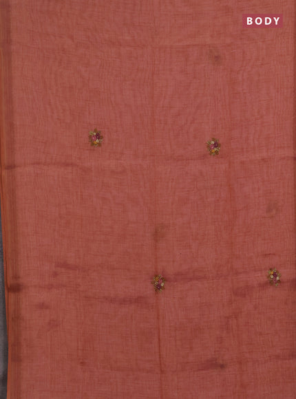 Linen saree dark peach with embroidery buttas and embroidery pallu