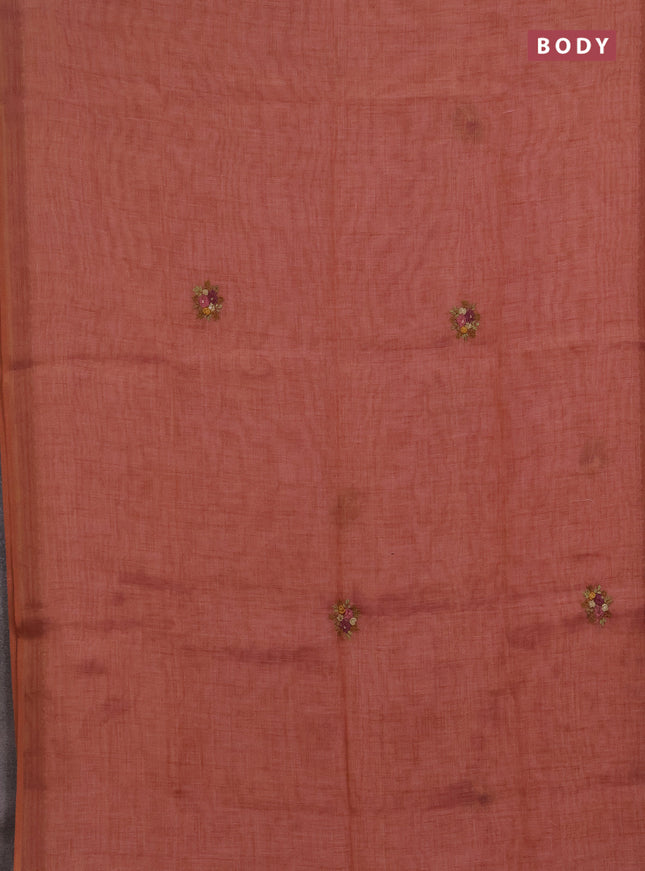Linen saree dark peach with embroidery buttas and embroidery pallu