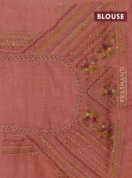 Linen saree dark peach with embroidery buttas and embroidery pallu