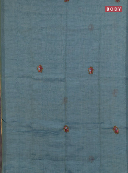 Linen saree teal blue with embroidery buttas and embroidery pallu