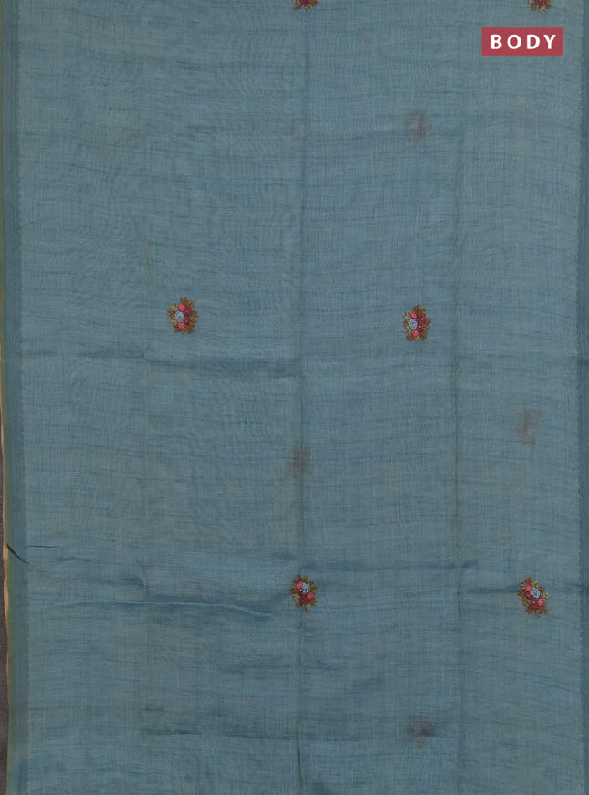 Linen saree teal blue with embroidery buttas and embroidery pallu