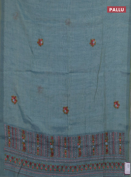Linen saree teal blue with embroidery buttas and embroidery pallu