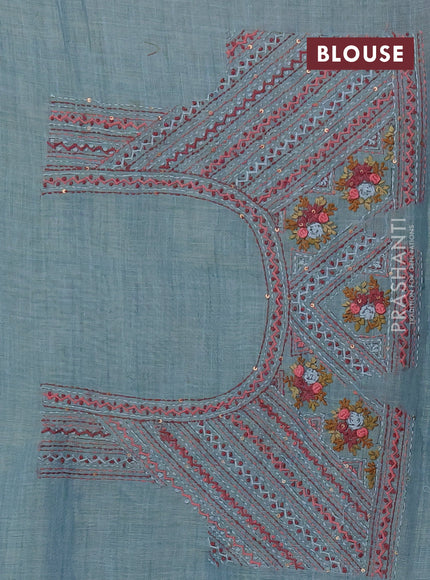 Linen saree teal blue with embroidery buttas and embroidery pallu