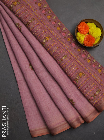 Linen saree pastel pink with embroidery buttas and embroidery pallu