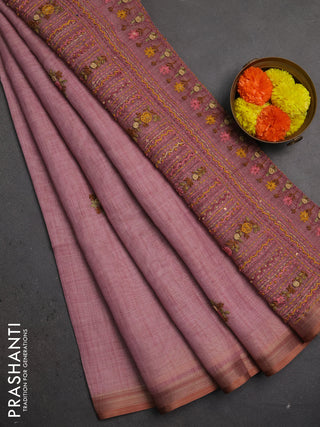 Linen saree pastel pink with embroidery buttas and embroidery pallu