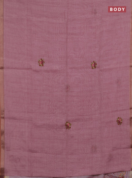 Linen saree pastel pink with embroidery buttas and embroidery pallu