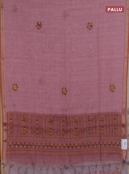 Linen saree pastel pink with embroidery buttas and embroidery pallu