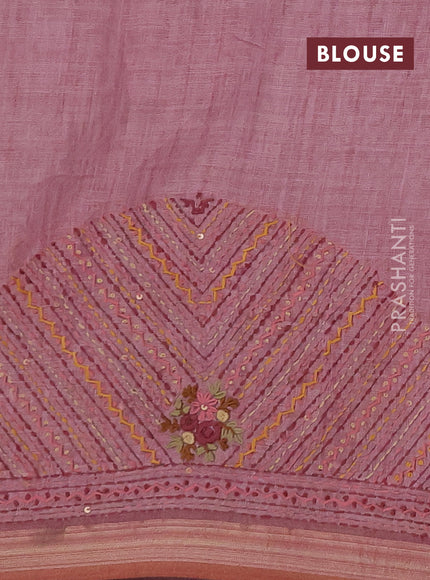 Linen saree pastel pink with embroidery buttas and embroidery pallu