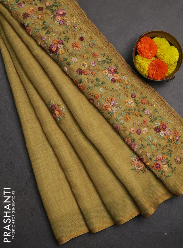 Linen saree mustard yellow with embroidery buttas and embroidery pallu