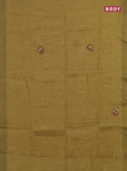 Linen saree mustard yellow with embroidery buttas and embroidery pallu