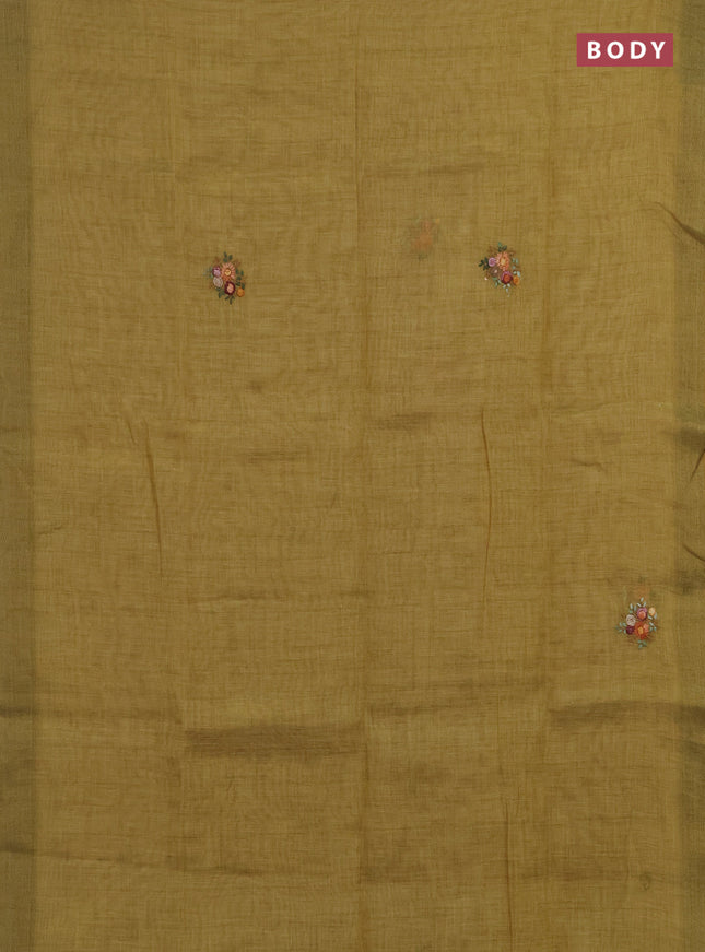 Linen saree mustard yellow with embroidery buttas and embroidery pallu