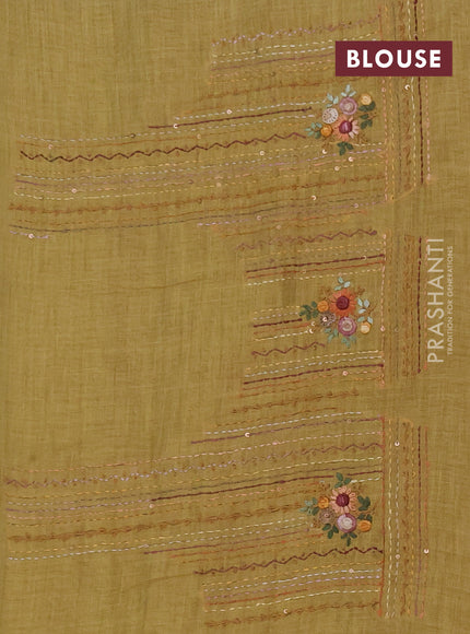 Linen saree mustard yellow with embroidery buttas and embroidery pallu