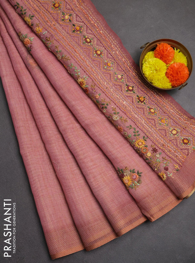 Linen saree dark peach with embroidery buttas and embroidery pallu