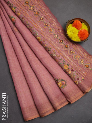 Linen saree dark peach with embroidery buttas and embroidery pallu