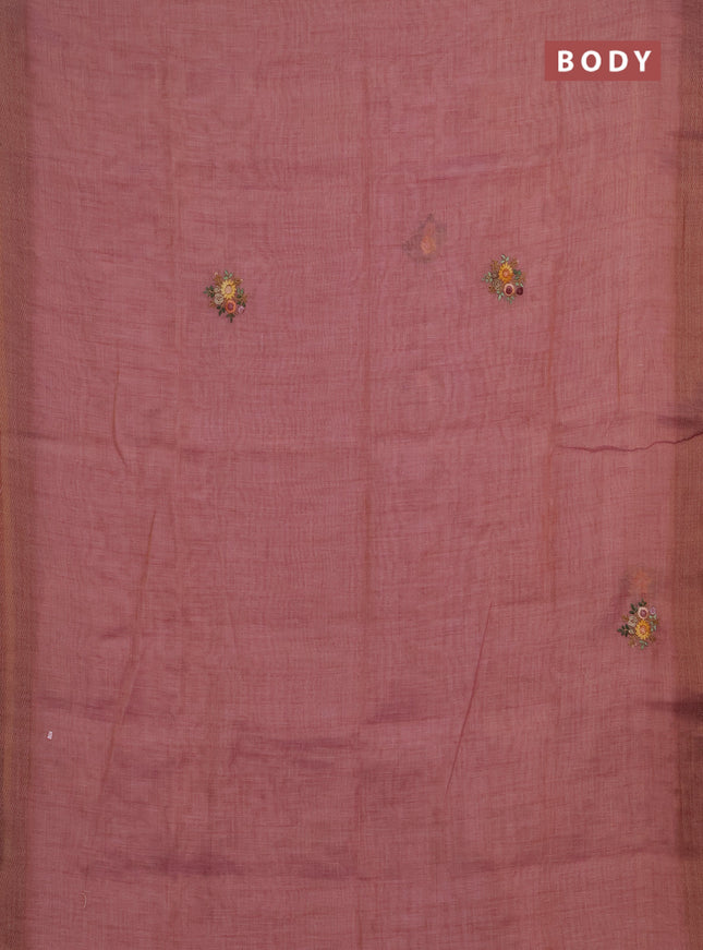 Linen saree dark peach with embroidery buttas and embroidery pallu