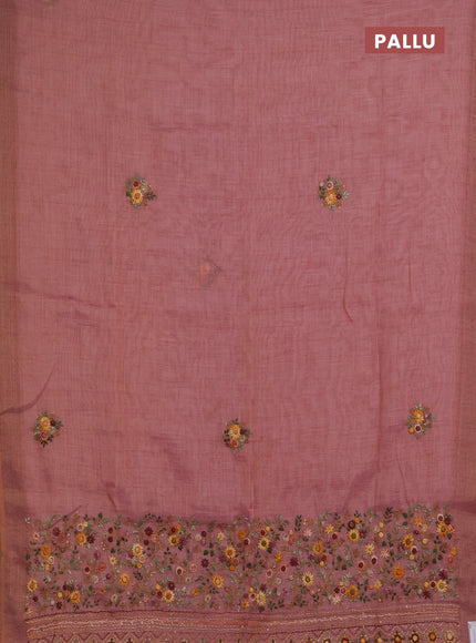 Linen saree dark peach with embroidery buttas and embroidery pallu